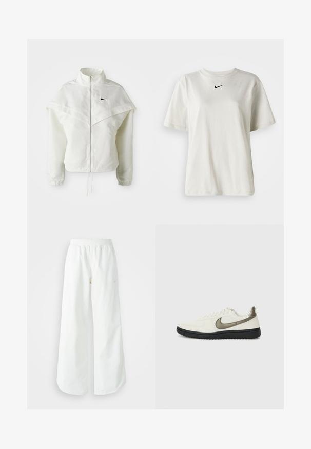 Fehér, hosszú ujjú, zipzáras dzseki magas gallérral, a vállakon lebegő, köpenyszerű résszel, rugalmas mandzsettákkal és kis fekete Nike logóval a mellkason.; Fehér pamut póló kerek nyakkal és rövid ujjal. A mellkason egy kis fekete Nike logó található. Egyszerű és díszítetlen dizájn.; Fehér, bő szárú sportnadrág ribbelt derékpánttal és diszkrét logórésszel. Simá szövet, laza szabással és taperált szárral.; Nike Sportswear FIELD GENERAL - Sportcipő - off-white/black
