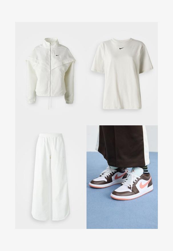 Weiße langärmlige Zip-Jacke mit hohem Kragen, cape-artigem Detail über den Schultern, elastischen Bündchen und kleinem schwarzen Nike-Logo auf der Brust.; Weißes Baumwoll-T-Shirt mit rundem Halsausschnitt und kurzen Ärmeln. Verfügt über ein kleines schwarzes Nike-Logo auf der Brust. Einfaches und ungeschmücktes Design.; Weiße, weit geschnittene Sporthose mit einem gerippten Bund und dezentem Logo-Detail. Glattes Material mit lockerer Passform und schmal zulaufendem Saum.; Weiße und braune Nike Air Jordan Sneaker mit rosa Akzenten, im Low-Top-Design, weißen Schnürsenkeln und einer strukturierten Gummisohle.