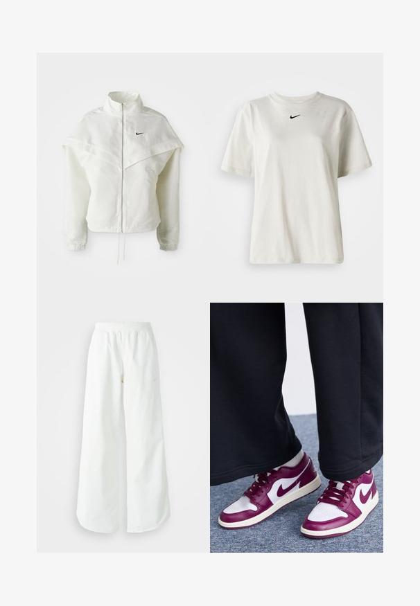Biela bunda s dlhým rukávom na zips a vysokým golierom, s plášťovým detailom cez plecia, elastickými manžetami a malým čiernym logom Nike na hrudi.; Biely bavlnený tričko s okrúhlym výstrihom a krátkymi rukávmi. Na hrudi sa nachádza malé čierne logo Nike. Jednoduchý a nezdobený dizajn.; Biele široké športové nohavice s ribbovaným pásom a jemným logom. Hladká tkanina s uvoľneným strihom a zúženým lemom.; Jordan AIR JORDAN 1 LOW - Tenisky - white/bordeaux/sail