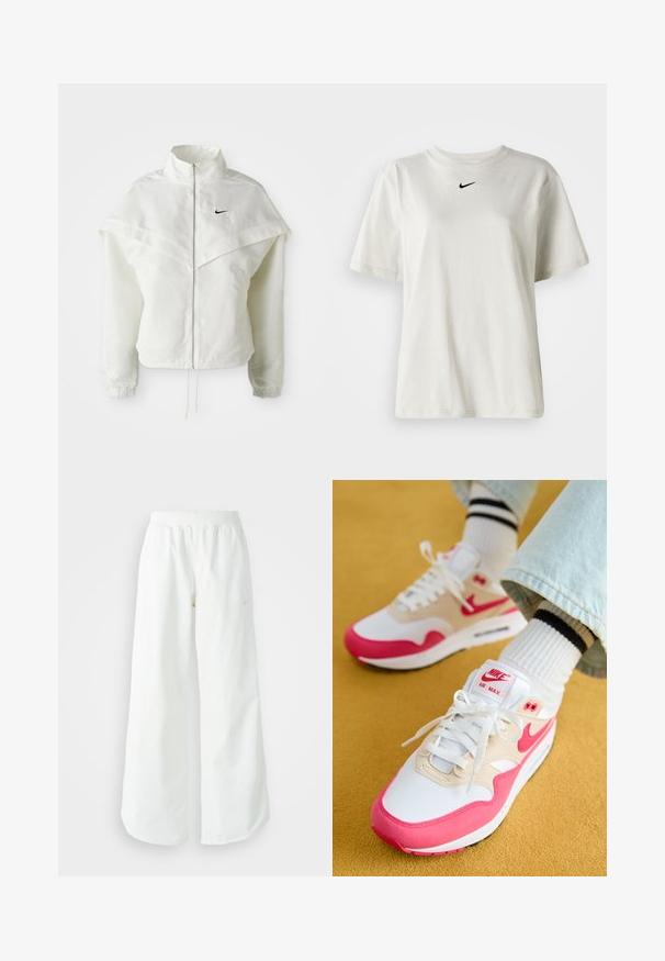 Fehér, hosszú ujjú, zipzáras dzseki magas gallérral, a vállakon lebegő, köpenyszerű résszel, rugalmas mandzsettákkal és kis fekete Nike logóval a mellkason.; Fehér pamut póló kerek nyakkal és rövid ujjal. A mellkason egy kis fekete Nike logó található. Egyszerű és díszítetlen dizájn.; Fehér, bő szárú sportnadrág ribbelt derékpánttal és diszkrét logórésszel. Simá szövet, laza szabással és taperált szárral.; Fehér és rózsaszín Nike Air Max sportcipők bézs felsőrésszel, textúrált felülettel, fehér fűzőkkel és látható levegőtalppal.