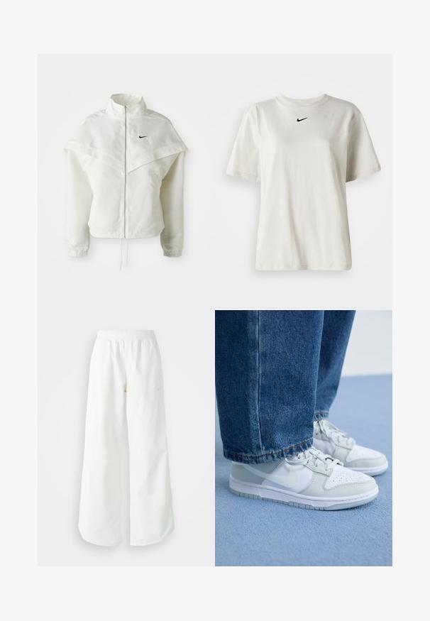 Valge pikkade varrukatega tõmblukuga jakk kõrge kraega, kätetooted, mis meenutavad katet õlgadel, elastsete mansettidega ja väikese musta Nike logoga rinnal.; Valge puuvillane T-särk, millel on ümmargune dekoltee ja lühikesed varrukad. Rinnal on väike must Nike logo. Lihtne ja kaunistusteta disain.; Valged laiad spordipüksid, ribadega vöökoht ja diskreetne logosümbol. Sile kangas, lõdvestatud istuvus ja kitsenev ääreosa.; Nike tossud valgest ja helesinisest nahast, millel on augulised varbakatted, tasased paelad ja kummist talla, koos siniste teksadega.