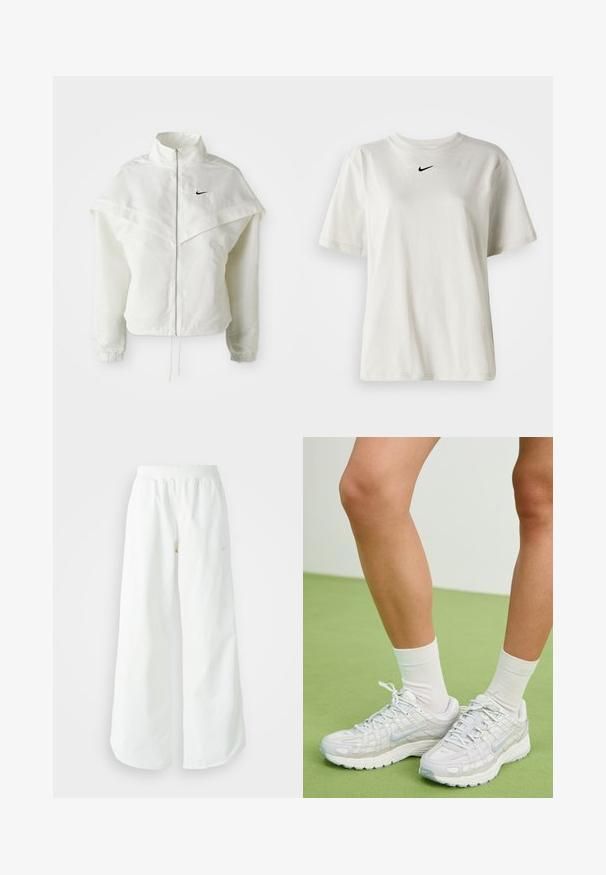 Balta ilga rankovė zip-up striukė su aukštu apykakle, švarkelio tipo detalėmis ant pečių, elastingomis rankovėmis ir mažuoju juodu Nike logotipu ant krūtinės.; Balta medvilnė marškinėliai su apvaliu kaklu ir trumpomis rankovėmis. Priekyje yra mažas juodas Nike logotipas. Paprastas ir nepuošnus dizainas.; Balti sportiniai keliai su platėjančiomis kojomis, su įtemptu juosmeniu ir subtilia logotipo detale. Lygus audinys, laisvas kirpimas ir siaurėjantis apatinis kraštas.; Baltos Nike sportbačiai turi tekstūruotą tinklinę viršutinę dalį, atspindinčius akcentus ir paminkštintą padą. Derinami su baltais ponošiais, fone - žalia grindų danga.