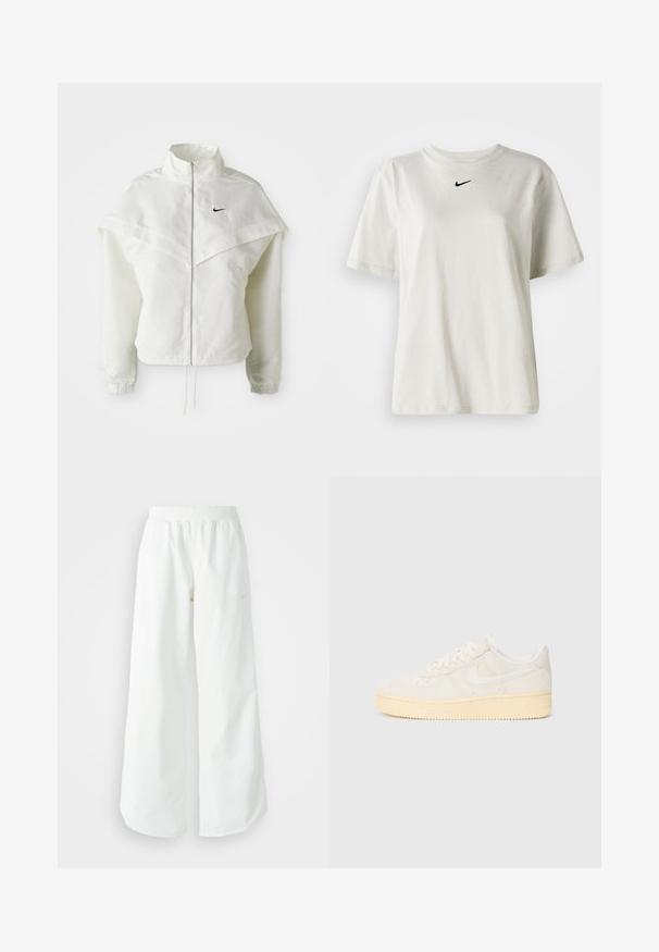Giacca bianca a maniche lunghe con zip e colletto alto, dettaglio a mantella sulle spalle, polsini elasticizzati e piccolo logo Nike nero sul petto.; T-shirt bianco in cotone con scollatura rotonda e maniche corte. Presenta un piccolo logo Nike nero sul petto. Design semplice e privo di ornamenti.; Pantaloni sportivi bianchi a gamba larga con vita a coste e delicato dettaglio del logo. Tessuto liscio con vestibilità rilassata e orlo affusolato.; Sneaker bianco con tomaia testurizzata, punta arrotondata e suola in gomma color giallo. Presenta un logo sottile e chiusura con lacci.