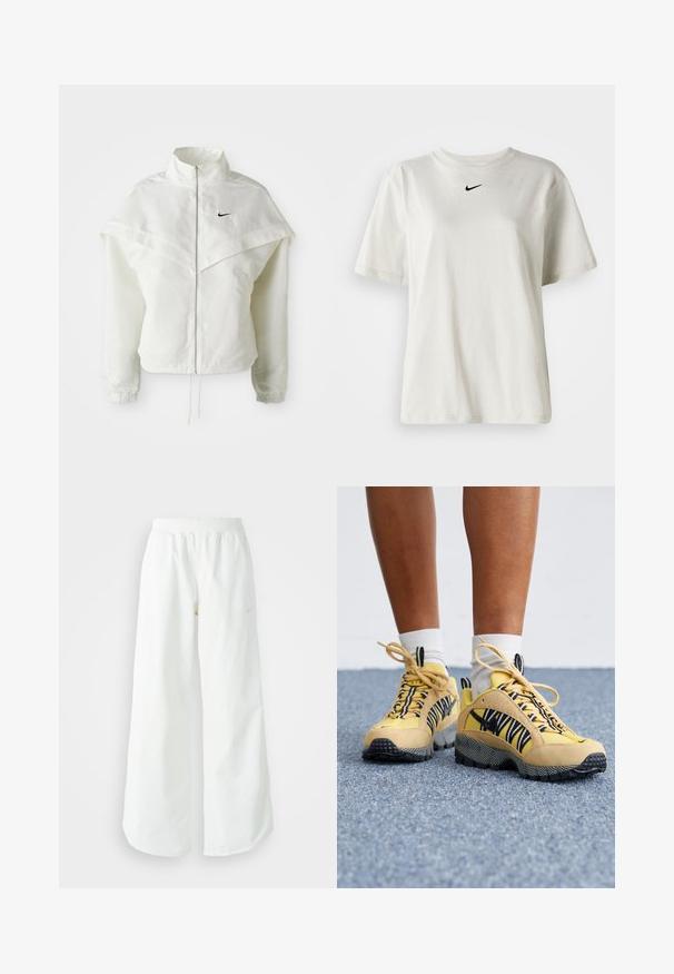 Jaqueta branca de mangas longas com fecho éclair e gola alta, detalhe tipo capa nos ombros, punhos elásticos e pequeno logótipo preto da Nike no peito.; T-shirt de algodão branco com decote redondo e mangas curtas. Apresenta um pequeno logo preto da Nike no peito. Design simples e sem adornos.; Calças atléticas largas brancas com uma cintura canelada e um discreto detalhe de logótipo. Tecido suave com um corte relaxado e terminações ajustadas.; Sapatilhas amarelas de camurça e malha com detalhes em preto e branco, solas texturizadas e design de atacadores. Meias brancas visíveis acima do tornozelo.