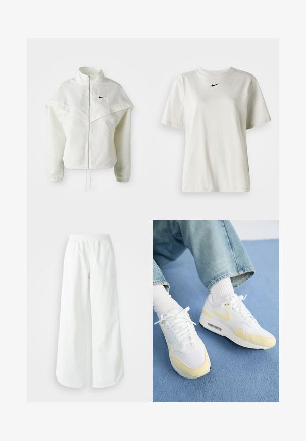 Jachetă albă cu mâneci lungi, cu fermoar, guler înalt, detalii asemănătoare unei capele pe umeri, manșete elastice și un mic logo Nike negru pe piept.; Tricou alb din bumbac cu guler rotund și mâneci scurte. Prezintă un mic logo Nike negru pe piept. Design simplu și fără ornamente.; Pantaloni atletici largi, alba, cu un talie elastica texturata si detalii subtile cu logo. Material neted, cu o croiala lejera si tiv conformat.; Nike Sportswear AIR MAX - Sneakers low - white/alabaster/summit white/black/sail