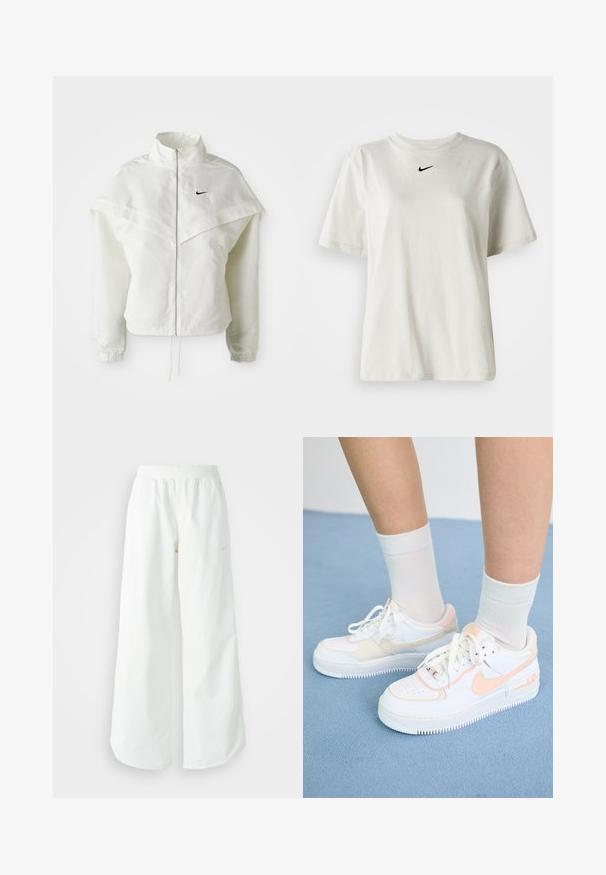 Jaqueta branca de mangas longas com fecho éclair e gola alta, detalhe tipo capa nos ombros, punhos elásticos e pequeno logótipo preto da Nike no peito.; T-shirt de algodão branco com decote redondo e mangas curtas. Apresenta um pequeno logo preto da Nike no peito. Design simples e sem adornos.; Calças atléticas largas brancas com uma cintura canelada e um discreto detalhe de logótipo. Tecido suave com um corte relaxado e terminações ajustadas.; Sapatilhas brancas com detalhes em pêssego, parte superior em couro liso, biqueira perfurada, sola texturizada e atacadores. Usadas com meias brancas até ao tornozelo sobre uma superfície azul.