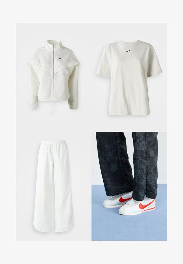 Valge pikkade varrukatega tõmblukuga jakk kõrge kraega, kätetooted, mis meenutavad katet õlgadel, elastsete mansettidega ja väikese musta Nike logoga rinnal.; Valge puuvillane T-särk, millel on ümmargune dekoltee ja lühikesed varrukad. Rinnal on väike must Nike logo. Lihtne ja kaunistusteta disain.; Valged laiad spordipüksid, ribadega vöökoht ja diskreetne logosümbol. Sile kangas, lõdvestatud istuvus ja kitsenev ääreosa.; Valged Nike tennisjalanõud punaste akentidega, kombineeritud mustade püksidega, millel on lilleline muster. Tekstuur on sile ja tallal on lame punutis.