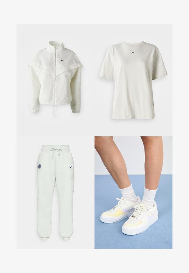 Vit långärmad zip-up jacka med hög krage, kap-liknande detalj över axlarna, elastiska ärmslut och liten svart Nike-logga på bröstet.; Vit bomull t-shirt med rund halsringning och korta ärmar. Har en liten svart Nike-logotyp på bröstet. Enkel och odekorerad design.; Ljust gråa sweatpants med elastisk midja, dragsko, avslutning vid anklarna och en marinblå emblem med en logotyp på vänster lår.; Vita lädersneakers med gula och lavendelfärger, rund tå, platta snören och texturerad gummisula. Bärs med vita strumpor.