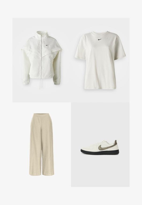 Witte lange mouwen zip-up jas met hoge kraag, cape-achtige details over de schouders, elastische manchetten en een klein zwart Nike-logo op de borst.; Witte katoenen t-shirt met een ronde halslijn en korte mouwen. Heeft een klein zwart Nike-logo op de borst. Eenvoudig en onopgesmukt ontwerp.; Beige wijde broek met een gestructureerde afwerking, voorzien van een hoge tailleband en zonder zichtbare hardware of zakken, waardoor een losse en comfortabele pasvorm ontstaat.; Nike Sportswear FIELD GENERAL - Sneakers laag - off-white/black