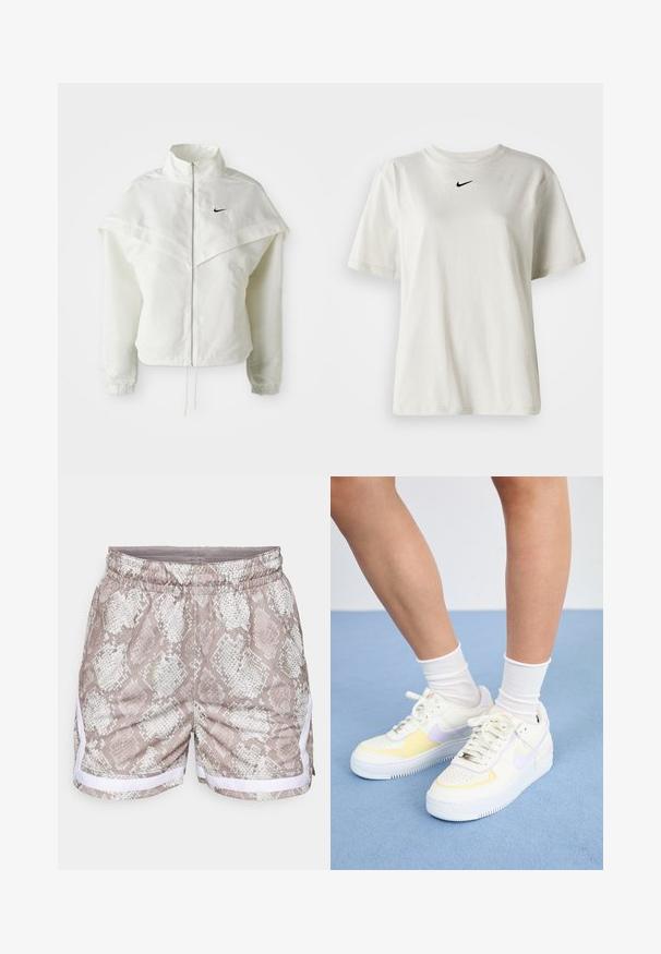 Veste zippée à manches longues blanche avec col haut, détail de type cape sur les épaules, poignets élastiques et petit logo Nike noir sur la poitrine.; T-shirt en coton blanc avec un col rond et des manches courtes. Présente un petit logo Nike noir sur la poitrine. Design simple et épuré.; Shorts avec un motif en peau de serpent beige et blanc, dotés d'une taille élastique et d'accents latéraux blancs. Texture lisse, design décontracté.; Baskets en cuir blanc avec des accents jaunes et lavande, bout rond, lacets plats et semelle en caoutchouc texturée. Portées avec des chaussettes blanches.
