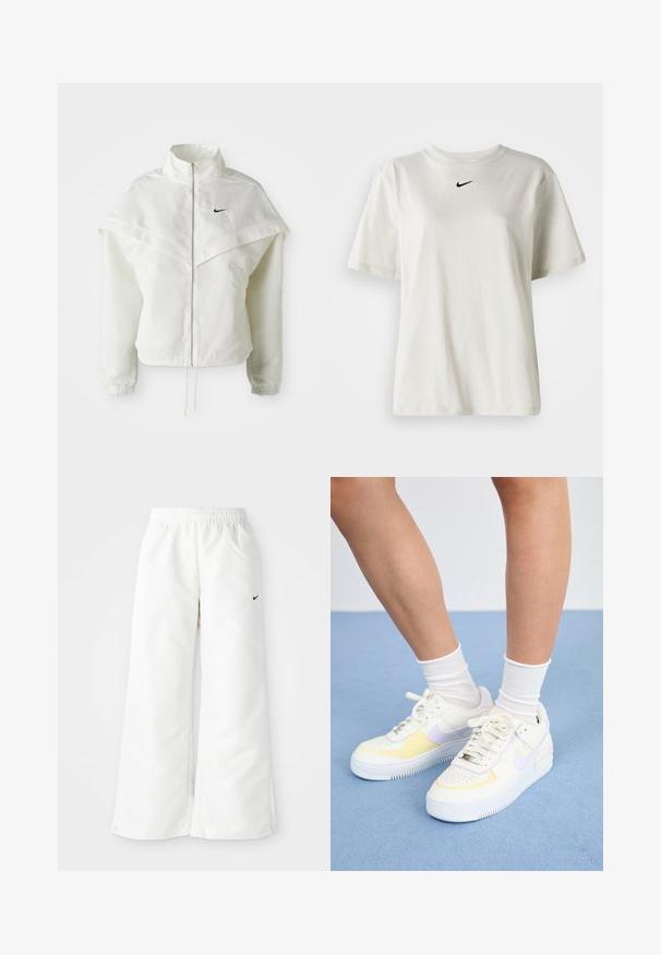 Λευκό ζακέτα με μακριά μανίκια και κλείσιμο με φερμουάρ, υψηλό γιακά, λεπτομέρεια που μοιάζει με κάπα στους ώμους, ελαστικούς μανσέτες και μικρό μαύρο λογότυπο Nike στο στήθος.; Λευκό βαμβακερό μπλουζάκι με στρογγυλή λαιμόκοψη και κοντά μανίκια. Διαθέτει ένα μικρό μαύρο λογότυπο Nike στο στήθος. Απλός και κομψός σχεδιασμός.; Λευκά αθλητικά παντελόνια με σχέδιο φαρδιάς γραμμής, ελαστική μέση και μικρό μαύρο λογότυπο Nike στη αριστερή πλευρά. Λείο, ελαφρύ υλικό.; Λευκά δερμάτινα αθλητικά παπούτσια με κίτρινες και λιλά λεπτομέρειες, στρογγυλή μύτη, επίπεδες κορδόνια και υφασμάτινη σόλα από καουτσούκ με υφή. Φοριούνται με λευκές κάλτσες.