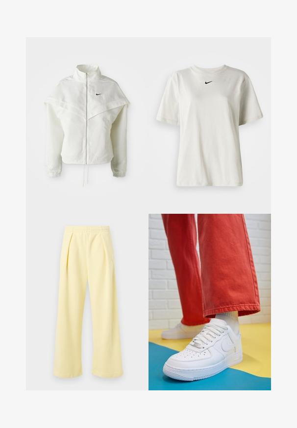 Balta garās piedurknes ar rāvējslēdzēju jaka ar augstu apkakli, apmetņa līdzīga detaļa uz pleciem, elastīgas aproces un mazs melns Nike logotips uz krūtīm.; Balts kokvilnas T-krekls ar apaļu kakla izgriezumu un īsām piedurknēm. Uz krūtīm ir neliels melns Nike logo. Vienkāršs un bez rotājumiem dizains.; Dzeltētas, plati bikses ar ribotu tekstūru un elastīgu jostu. Priekšpusē ir krokas un neliels izšūts dizains sānos.; Baltās ādas kedas ar perforētu purngalu, teksturētu zoli un baltām auklām, apvienotas ar platām sarkanām biksēm un zilu un dzeltenu fona.