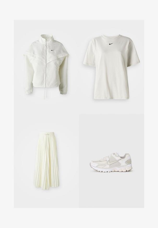 Balta garās piedurknes ar rāvējslēdzēju jaka ar augstu apkakli, apmetņa līdzīga detaļa uz pleciem, elastīgas aproces un mazs melns Nike logotips uz krūtīm.; Balts kokvilnas T-krekls ar apaļu kakla izgriezumu un īsām piedurknēm. Uz krūtīm ir neliels melns Nike logo. Vienkāršs un bez rotājumiem dizains.; Gaiši dzeltena plisēta midi svārku, kurai ir elastīga josta ar saišu, gluda tekstūra un vertikālas svītras papildu detaļām.; Biežņu sporta apavi ar sietu un sintētiskām materiālām. Piedāvā teksturētu dizainu, mīkstu apkakli un ģeometriskus akcentus uz papēža.
