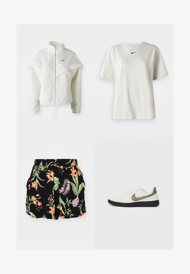 Veste zippée à manches longues blanche avec col haut, détail de type cape sur les épaules, poignets élastiques et petit logo Nike noir sur la poitrine.; T-shirt en coton blanc avec un col rond et des manches courtes. Présente un petit logo Nike noir sur la poitrine. Design simple et épuré.; Shorts noirs arborant un motif floral coloré avec des éléments orange et vert, taille élastique avec cordon de serrage et poches latérales.; Nike Sportswear FIELD GENERAL - Baskets basses - off-white/black
