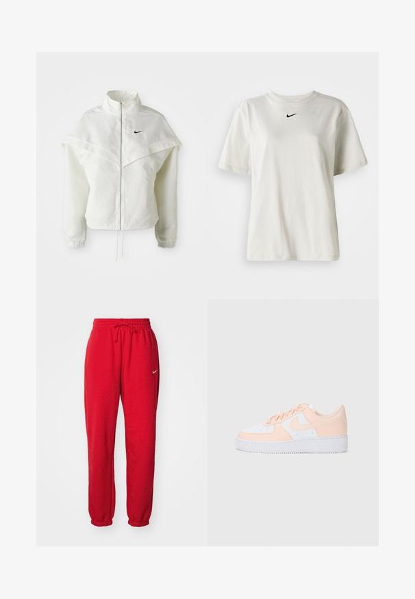 Biela bunda s dlhým rukávom na zips a vysokým golierom, s plášťovým detailom cez plecia, elastickými manžetami a malým čiernym logom Nike na hrudi.; Biely bavlnený tričko s okrúhlym výstrihom a krátkymi rukávmi. Na hrudi sa nachádza malé čierne logo Nike. Jednoduchý a nezdobený dizajn.; Červené tepláky Nike s elastickým pásom, šnúrkou a manžetami na spodku. Jednoduchý dizajn obsahuje malé biele logo Nike. Hladká bavlnená štruktúra.; Tenisky Nike Air Force 1 majú biely kožený zvršok s jemnými ružovými akcentmi. Gumová podrážka je štruktúrovaná pre lepšiu priľnavosť. Klasický dizajn a šnurovanie.