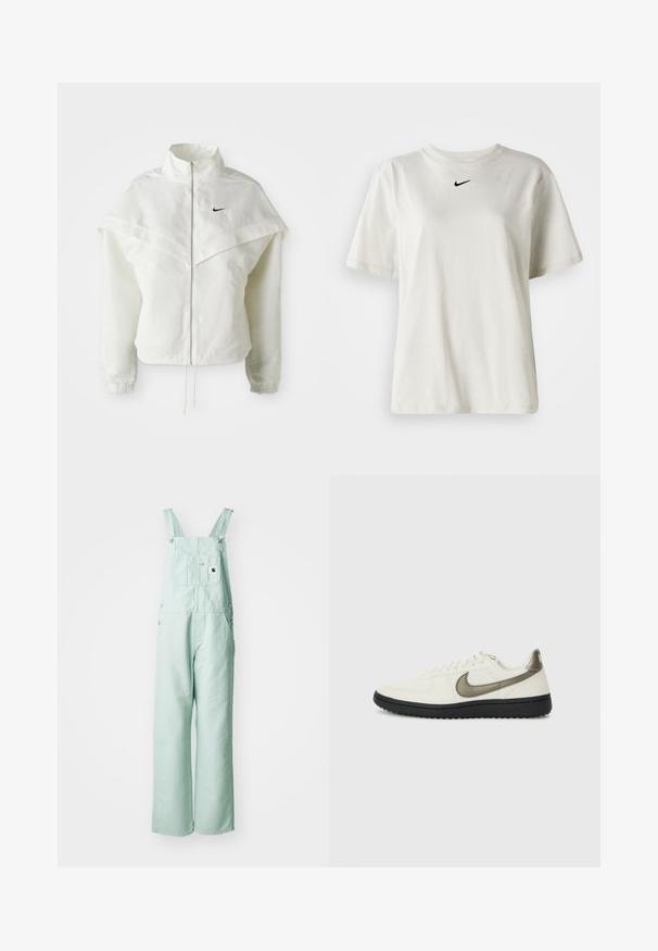 Balta ilga rankovė zip-up striukė su aukštu apykakle, švarkelio tipo detalėmis ant pečių, elastingomis rankovėmis ir mažuoju juodu Nike logotipu ant krūtinės.; Balta medvilnė marškinėliai su apvaliu kaklu ir trumpomis rankovėmis. Priekyje yra mažas juodas Nike logotipas. Paprastas ir nepuošnus dizainas.; Šviesiai mėtų žalios spalvos kombinezonai, pagaminti iš tvirtos medžiagos, su reguliuojamais petnešomis, krūtinės kišene ir dviem šoninėmis kišenėmis.; Nike Sportswear FIELD GENERAL - Sportbačiai - off-white/black