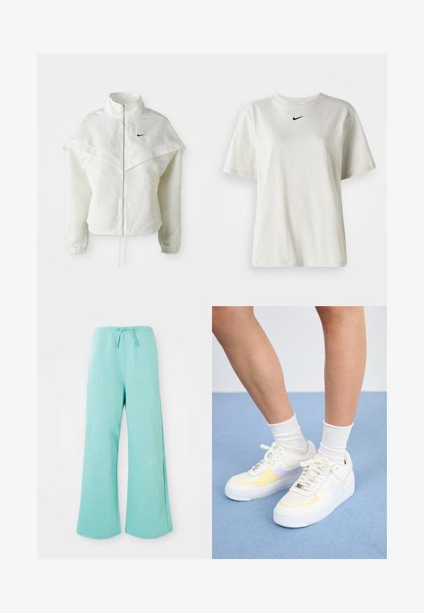 Bela jakna z dolgimi rokavi in zadrgo, visokim ovratnikom, plaščastim detajlom čez ramena, elastičnimi manšetami in majhnim črnim logotipom Nike na prsih.; Bela bomba iz bombaža z okroglim ovratnikom in kratkimi rokavi. Ima majhen črn Nike logotip na prsih. Preprost in neopazen dizajn.; Svijetloplave široke trenirke s elastičnom trakom i prednjim vezanjem, prikazane na jednostavnoj bijeloj pozadini.; Bele usnjene superge z rumenimi in sivimi poudarki, okrogla noska, ravne vezalke in teksturiran gumen podplat. Nosi se z belimi nogavicami.
