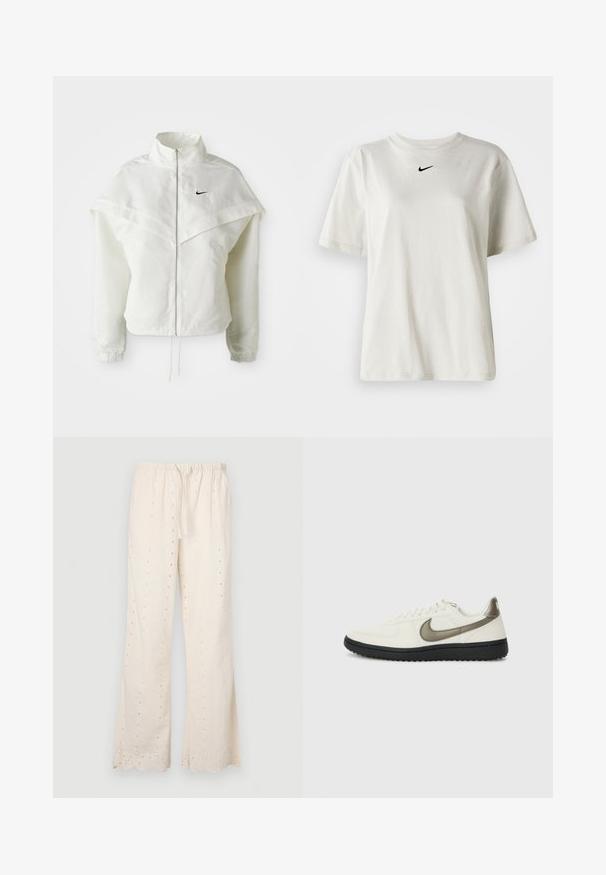 Bela jakna z dolgimi rokavi in zadrgo, visokim ovratnikom, plaščastim detajlom čez ramena, elastičnimi manšetami in majhnim črnim logotipom Nike na prsih.; Bela bomba iz bombaža z okroglim ovratnikom in kratkimi rokavi. Ima majhen črn Nike logotip na prsih. Preprost in neopazen dizajn.; Kremne široke hlače z elastičnim pasom, vrvico in detajli iz očesnega blaga vzdolž tkanine in roba. Valoviti robovi.; Nike Sportswear FIELD GENERAL - Športni copati - off-white/black