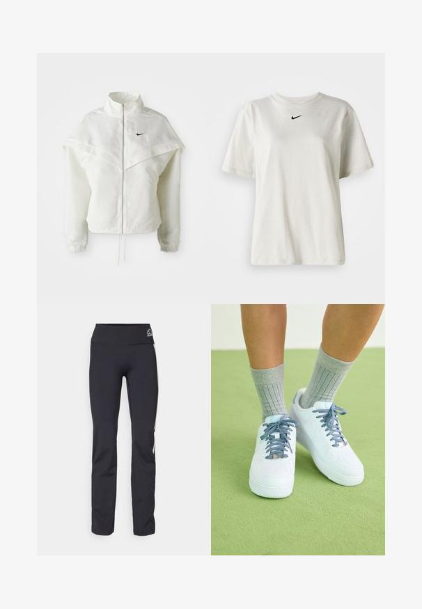 Balta garās piedurknes ar rāvējslēdzēju jaka ar augstu apkakli, apmetņa līdzīga detaļa uz pleciem, elastīgas aproces un mazs melns Nike logotips uz krūtīm.; Balts kokvilnas T-krekls ar apaļu kakla izgriezumu un īsām piedurknēm. Uz krūtīm ir neliels melns Nike logo. Vienkāršs un bez rotājumiem dizains.; Melni elastīgā auduma bikses ar augstu jostu, kas apakšā rotātas ar smalku logotipu un kontrastējošām sānu svītrām. Gluda tekstūra, pielāgota piegriezuma.; Baltas ādas kedas ar ziliem akcentiem, perforēta purngala dizains un teksturētas zili un baltas šņores, valkātas ar pelēkiem ribotiem zeķēm.