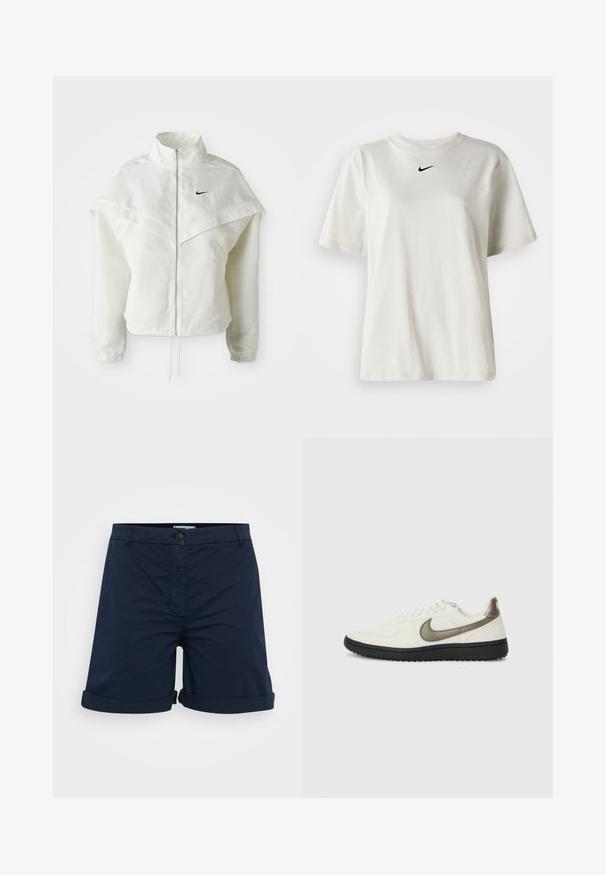 Fehér, hosszú ujjú, zipzáras dzseki magas gallérral, a vállakon lebegő, köpenyszerű résszel, rugalmas mandzsettákkal és kis fekete Nike logóval a mellkason.; Fehér pamut póló kerek nyakkal és rövid ujjal. A mellkason egy kis fekete Nike logó található. Egyszerű és díszítetlen dizájn.; Sötétkék pamut rövidnadrág, amelyek felgöngyölt szegéllyel, gombos záródással és lapos elülső kialakítással rendelkeznek, látható minták vagy díszítések nélkül.; Nike Sportswear FIELD GENERAL - Sportcipő - off-white/black
