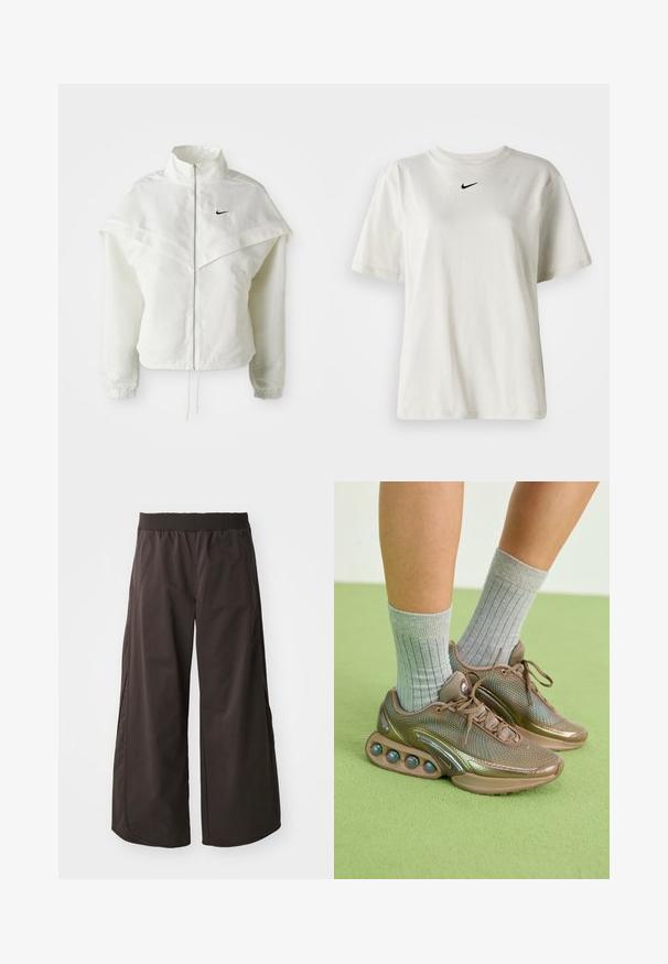 Λευκό ζακέτα με μακριά μανίκια και κλείσιμο με φερμουάρ, υψηλό γιακά, λεπτομέρεια που μοιάζει με κάπα στους ώμους, ελαστικούς μανσέτες και μικρό μαύρο λογότυπο Nike στο στήθος.; Λευκό βαμβακερό μπλουζάκι με στρογγυλή λαιμόκοψη και κοντά μανίκια. Διαθέτει ένα μικρό μαύρο λογότυπο Nike στο στήθος. Απλός και κομψός σχεδιασμός.; Μαύρο παντελόνι με φαρδιά πόδια και ραμμένο ελαστικό λάστιχο στη μέση, φτιαγμένο από απαλό ύφασμα, με πλάγιες τσέπες και ίσια γραμμή για άνεση.; Ανοιχτό καφέ αθλητικά παπούτσια με επάνω από δίχτυ και ιριδίζοντα στοιχεία. Διαθέτουν στρογγυλή φτέρνα με πολύχρωμες σφαίρες. Συνδυάζονται με γκρι ραβδωτές κάλτσες.