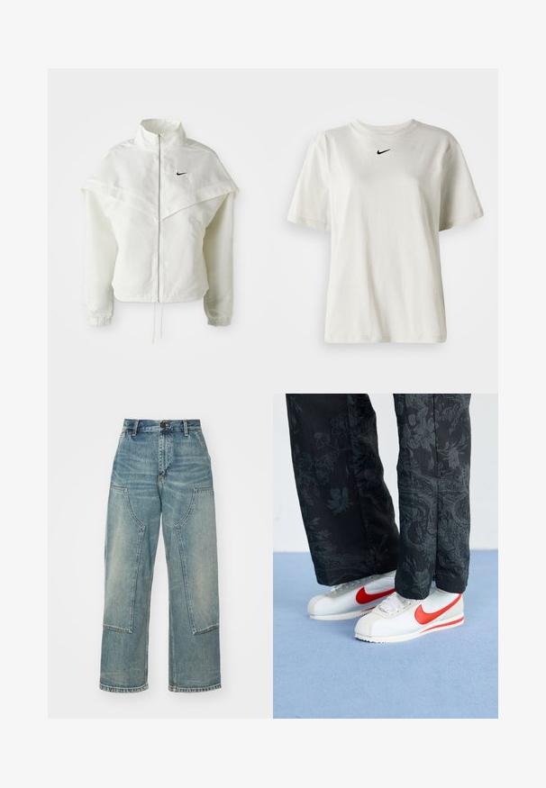 White long-sleeve zip-up jacket with high collar, cape-like detail across shoulders, elastic cuffs, and small black Nike logo on chest.; White cotton t-shirt with a round neckline and short sleeves. Features a small black Nike logo on the chest. Simple and unadorned design.; Light blue denim pants with a relaxed fit, wide legs, and large patch pockets on the front. Faded areas and a button closure feature.; White Nike sneakers with red accents, paired with black pants featuring a floral pattern. Texture is smooth with a flat braid sole.