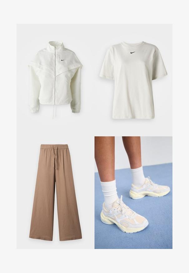 Valge pikkade varrukatega tõmblukuga jakk kõrge kraega, kätetooted, mis meenutavad katet õlgadel, elastsete mansettidega ja väikese musta Nike logoga rinnal.; Valge puuvillane T-särk, millel on ümmargune dekoltee ja lühikesed varrukad. Rinnal on väike must Nike logo. Lihtne ja kaunistusteta disain.; Kerged jalad pükstest heledast pruunist kangast, millel on elastne vöökoht ja nöör, ning sile, tekstureeritud viimistlus.; Siledatletilised jalanõud helesinises ja valges, koosnevad võrkmaterjalidest ja sünteetilistest materjalidest, ümar kuju ja tekstuuriga tallad.