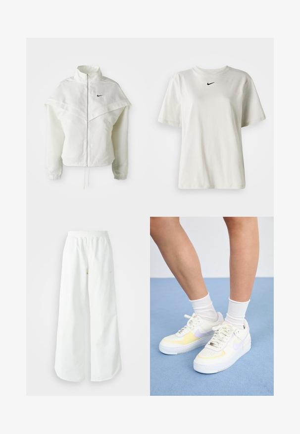 Valge pikkade varrukatega tõmblukuga jakk kõrge kraega, kätetooted, mis meenutavad katet õlgadel, elastsete mansettidega ja väikese musta Nike logoga rinnal.; Valge puuvillane T-särk, millel on ümmargune dekoltee ja lühikesed varrukad. Rinnal on väike must Nike logo. Lihtne ja kaunistusteta disain.; Valged laiad spordipüksid, ribadega vöökoht ja diskreetne logosümbol. Sile kangas, lõdvestatud istuvus ja kitsenev ääreosa.; Valged nahast tossud kollaste ja lavendlitoonide aktsentidega, ümar varvas, tasased paelad ja tekstureeritud kummist tald. Kannab valgeid sokke.