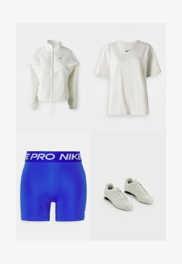 Hvit langermet jakke med glidelås og høy krage, kappe-lignende detaljer over skuldrene, elastiske mansjetter, og liten svart Nike-logo på brystet.; Hvit bomulls T-skjorte med rund halslinning og korte ermer. Har en liten svart Nike-logo på brystet. Enkel og uten dekorasjoner.; Blå treningsshorts med svart elastisk midjebånd med "NIKE PRO" i hvitt. Glatt tekstur og tettsittende design.; Hvite Nike-sneakers med teksturert overdel, som har en glatt tåhette og svarte polstringsdetaljer. Snøring med forsterket hæl.