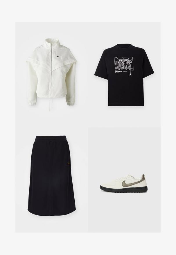 Balta garās piedurknes ar rāvējslēdzēju jaka ar augstu apkakli, apmetņa līdzīga detaļa uz pleciem, elastīgas aproces un mazs melns Nike logotips uz krūtīm.; Melnā kokvilnas T-kreklā ir īsas piedurknes. Uz priekša ir balti zirnekļa tīkla grafika un logo. Vienkārša noapaļota izgriezne.; Melnā midi svārku izstrādājums, kas izgatavots no mīksta auduma, ar elastīgu jostu un taisnu griezumu. Iekļauts diskrēts logotipa elements kontrastējošā krāsā.; Nike Sportswear FIELD GENERAL - Treniņu apavi - off-white/black