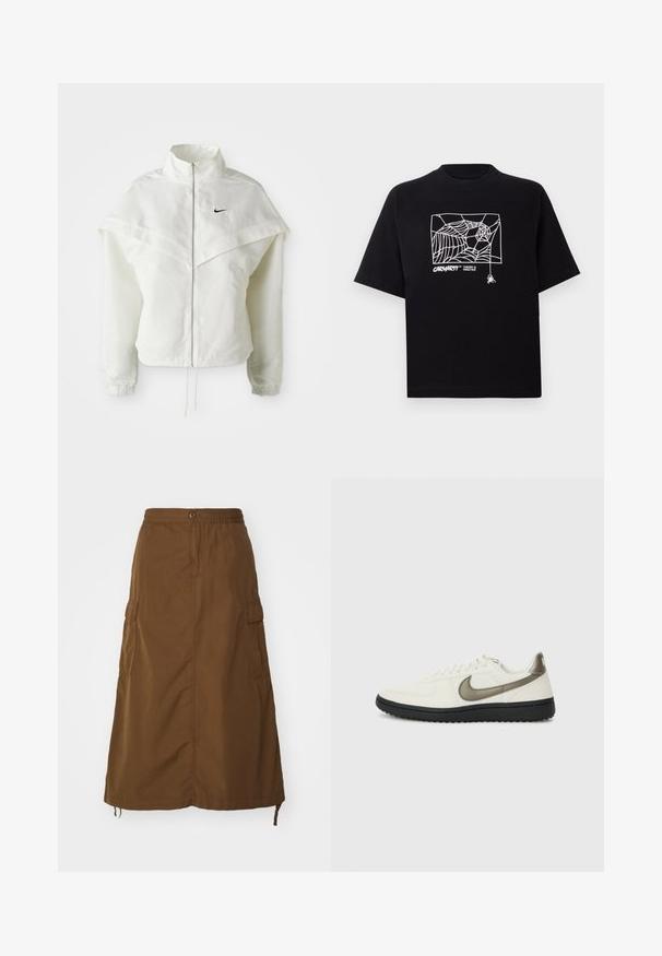 Hvit langermet jakke med glidelås og høy krage, kappe-lignende detaljer over skuldrene, elastiske mansjetter, og liten svart Nike-logo på brystet.; Svart T-skjorte laget av bomull med korte ermer. Har et hvitt edderkoppnett grafikk og logo på fronten. Enkel rund hals.; Brun, ankel-length skjørt laget av slitesterk stoff. Har elastisk midje, knappelukking og sidelommer. Glatt tekstur.; Nike Sportswear FIELD GENERAL - Joggesko - off-white/black