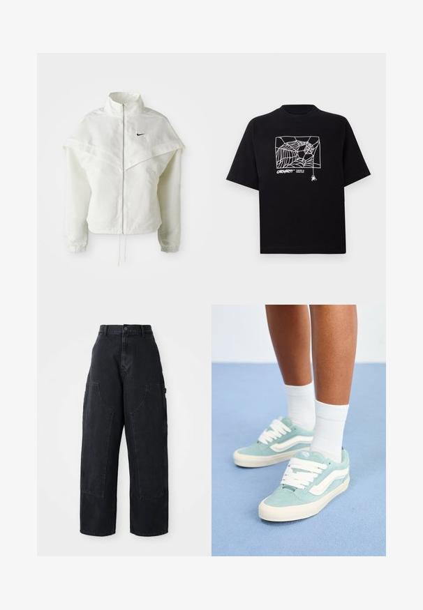 Giacca bianca a maniche lunghe con zip e colletto alto, dettaglio a mantella sulle spalle, polsini elasticizzati e piccolo logo Nike nero sul petto.; Maglietta nera in cotone con maniche corte. Presenta una grafica e un logo a ragnatela bianca sul davanti. Scollo rotondo semplice.; Pantaloni cargo in denim nero a gamba larga con vita alta, due grandi tasche frontali e chiusura con bottone in vita. Texture liscia, design casual.; Sneakers in suede bluastro con dettagli e lacci bianchi. Punta arrotondata con superficie testurizzata. Indossati con calzini bianchi alla caviglia su una superficie blu.