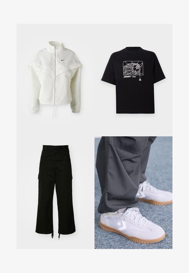 White long-sleeve zip-up jacket with high collar, cape-like detail across shoulders, elastic cuffs, and small black Nike logo on chest.; Black T-shirt made of cotton with short sleeves. Features a white spider web graphic and logo on the front. Simple rounded neckline.; Black cargo pants made from cotton, featuring wide legs, side pockets, and drawstring hems. The design includes a button closure at the waist.; Light gray suede sneakers with a rubber gum sole, featuring a white star logo and subtle stitching details, paired with dark pants.