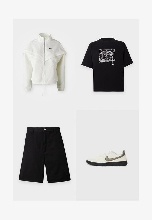 White long-sleeve zip-up jacket with high collar, cape-like detail across shoulders, elastic cuffs, and small black Nike logo on chest.; Black T-shirt made of cotton with short sleeves. Features a white spider web graphic and logo on the front. Simple rounded neckline.; Black shorts made of durable fabric, featuring a straight-cut design, front pockets, a zip fly, and a metal button closure.; Nike Sportswear FIELD GENERAL - Trainers - off-white/black