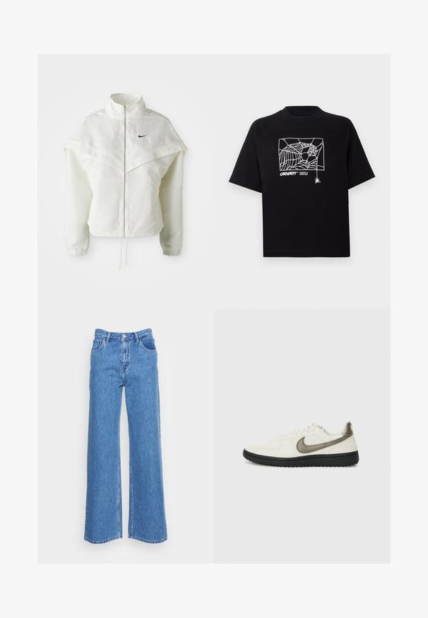 White long-sleeve zip-up jacket with high collar, cape-like detail across shoulders, elastic cuffs, and small black Nike logo on chest.; Black T-shirt made of cotton with short sleeves. Features a white spider web graphic and logo on the front. Simple rounded neckline.; Blue denim wide-leg jeans with a high waist, featuring two front pockets and a button closure. The fabric has a slightly textured finish.; Nike Sportswear FIELD GENERAL - Trainers - off-white/black