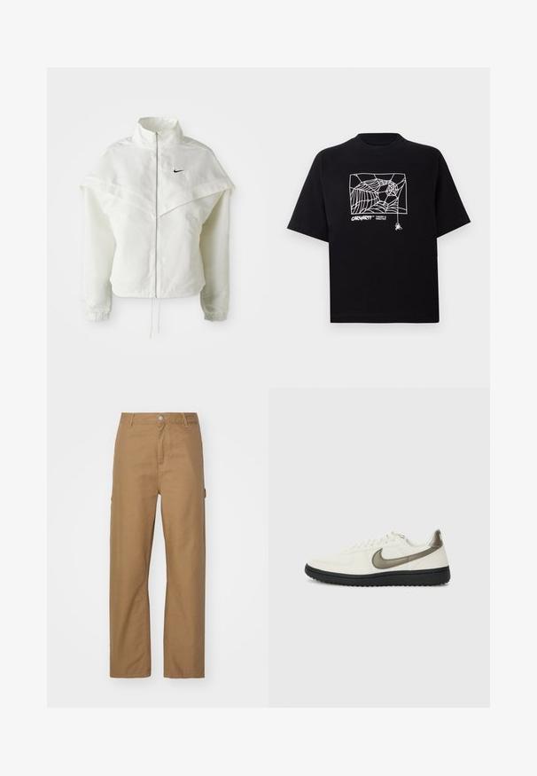 White long-sleeve zip-up jacket with high collar, cape-like detail across shoulders, elastic cuffs, and small black Nike logo on chest.; Black T-shirt made of cotton with short sleeves. Features a white spider web graphic and logo on the front. Simple rounded neckline.; Tan, straight-leg trousers made of cotton blend fabric. Features a front button closure and two side pockets; smooth, matte texture.; Nike Sportswear FIELD GENERAL - Trainers - off-white/black