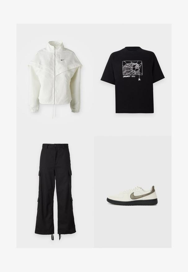 White long-sleeve zip-up jacket with high collar, cape-like detail across shoulders, elastic cuffs, and small black Nike logo on chest.; Black T-shirt made of cotton with short sleeves. Features a white spider web graphic and logo on the front. Simple rounded neckline.; Black cargo pants made of sturdy fabric, featuring side pockets, a button closure, wide leg design, and adjustable drawstrings at the hem.; Nike Sportswear FIELD GENERAL - Trainers - off-white/black