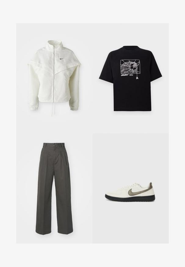 Fehér, hosszú ujjú, zipzáras dzseki magas gallérral, a vállakon lebegő, köpenyszerű résszel, rugalmas mandzsettákkal és kis fekete Nike logóval a mellkason.; Fekete pamut póló rövid ujjakkal. Elülső részén fehér pókhálós grafika és logó található. Egyszerű, kerek nyakú.; Magasan derekú, antracit szürke pamut nadrág. Ráncos kialakítás, egy gombos zárás és széles, egyenes lábak jellemzik. Sima textúra.; Nike Sportswear FIELD GENERAL - Sportcipő - off-white/black