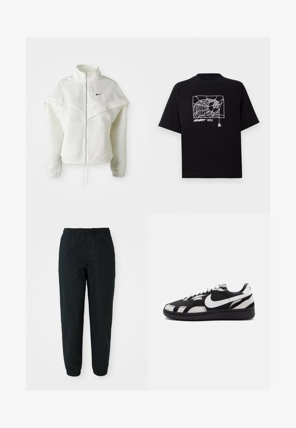 Weiße langärmlige Zip-Jacke mit hohem Kragen, cape-artigem Detail über den Schultern, elastischen Bündchen und kleinem schwarzen Nike-Logo auf der Brust.; Schwarzes T-Shirt aus Baumwolle mit kurzen Ärmeln. Mit einem weißen Spinnennetz-Graphic und Logo auf der Vorderseite. Einfacher runder Ausschnitt.; Schwarze, taillierte Hose aus einem glatten Stoff, mit einem elastischen Bund, Kordelzug und seitlichen Aufsetztaschen. Elastische Bündchen an den Knöcheln.; Schwarz-weiße Sneakers mit einer strukturierten Oberseite, die ein markantes weißes Nike-Swoosh und eine schwarze Laufsohle aufweisen, mit Schnürverschluss und gemusterten Akzenten.