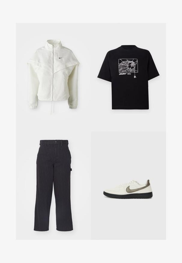 White long-sleeve zip-up jacket with high collar, cape-like detail across shoulders, elastic cuffs, and small black Nike logo on chest.; Black T-shirt made of cotton with short sleeves. Features a white spider web graphic and logo on the front. Simple rounded neckline.; Black pinstriped trousers made of a textured fabric with a straight cut, featuring a button closure and belt loops.; Nike Sportswear FIELD GENERAL - Trainers - off-white/black