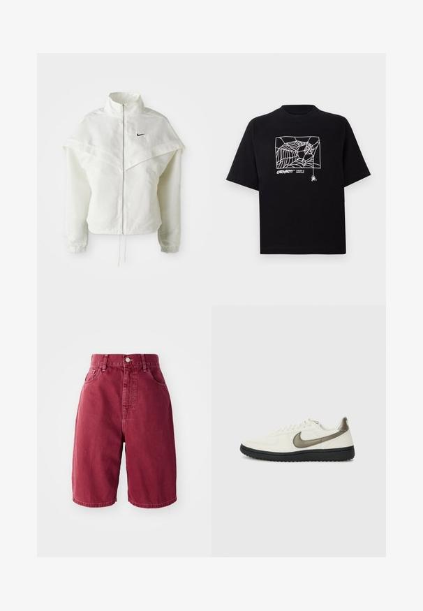 Valge pikkade varrukatega tõmblukuga jakk kõrge kraega, kätetooted, mis meenutavad katet õlgadel, elastsete mansettidega ja väikese musta Nike logoga rinnal.; Mustmust särgis, millel on lühikesed varrukad. Esipaneelil on valge ämblikuvõrgu graafika ja logo. Lihtne ümmargune kaelus.; Burgundia teksast lühikesed püksid kõrge taljega. Omab kahte esitaskut, ühte nööpkinnitust ja sirget säärejoont.; Nike Sportswear FIELD GENERAL - Tossud - off-white/black