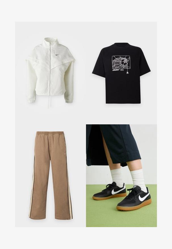 Valkoinen pitkähihainen vetoketjullinen takki korkealla kauluksella, viittamainen yksityiskohta olkapäillä, joustavat hihansuut ja pieni musta Nike-logo rinnassa.; Mustapaita, joka on valmistettu puuvillasta ja jossa on lyhyet hihat. Edessä on valkoinen hämähäkinseittigrafiikka ja logo. Yksinkertainen, pyöreä kaula-aukko.; Ruskeat väljät housut, joissa on joustava vyötärönauha, beigeet ja mustat sivuraidat sekä pieni "obey"-logo yläreisiosassa.; Mustat nahka- ja synteettiset urheilukengät, joissa on valkoinen Nike-merkki, kuminen pohja, pyöreä kärki ja mustat nauhat. Raitapintaiset valkoiset sukat näkyvissä.