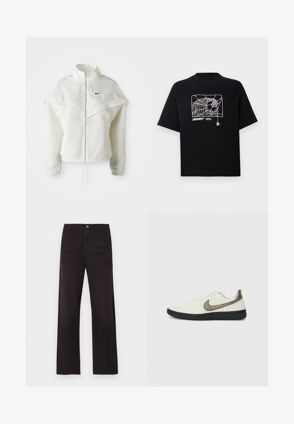 Balta ilga rankovė zip-up striukė su aukštu apykakle, švarkelio tipo detalėmis ant pečių, elastingomis rankovėmis ir mažuoju juodu Nike logotipu ant krūtinės.; Juodas medvilnės marškinėliai su trumpomis rankovėmis. Priekyje yra balta voratinklio grafika ir logotipas. Paprastas apvalus iškarpymas.; Juodos tiesios kojinės džinsai su diržo kilpomis, sagos užsegimu ir matomomis siūlėmis, pateikti prieš baltą foną.; Nike Sportswear FIELD GENERAL - Sportbačiai - off-white/black