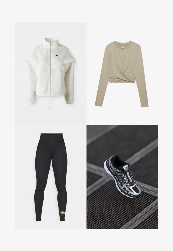 Fehér, hosszú ujjú, zipzáras dzseki magas gallérral, a vállakon lebegő, köpenyszerű résszel, rugalmas mandzsettákkal és kis fekete Nike logóval a mellkason.; Világos bézs, hosszú ujjú, crop top, csavart elülső dizájnnal, sima anyagból készült. Kerek nyakkivágással és testhez álló ujjaival rendelkezik.; Fekete, magas derekú legginsz rugalmas anyagból. Simaságot biztosító textúrával rendelkezik, és a bal lábszáron három vízszintes aranycsíkkal díszített.; Nike futócipő, fekete és ezüst színvilággal, hálós felső résszel, texturált talppal és biztos illeszkedést biztosító fűzőrendszerrel.
