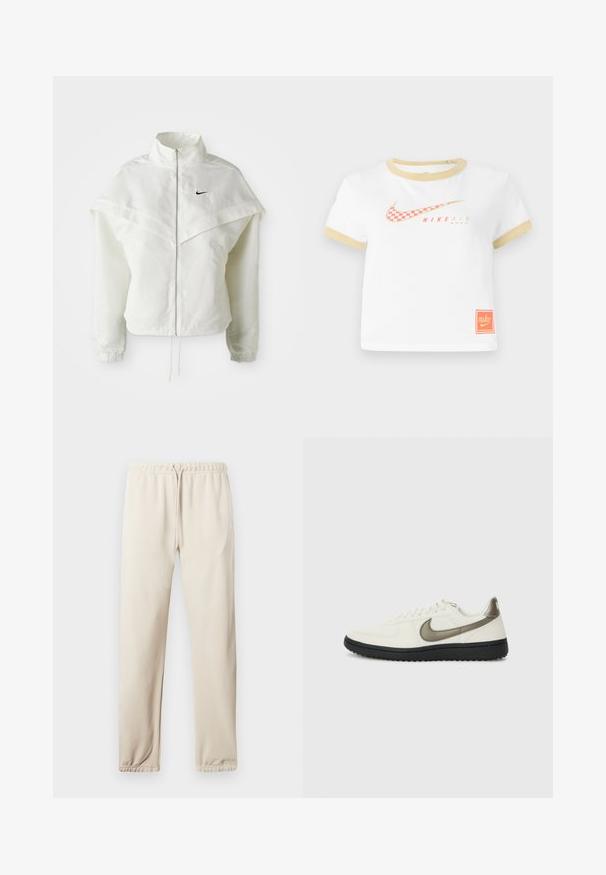 Balta garās piedurknes ar rāvējslēdzēju jaka ar augstu apkakli, apmetņa līdzīga detaļa uz pleciem, elastīgas aproces un mazs melns Nike logotips uz krūtīm.; Balta T-krekls ar zelta apdari, ar sarkanu šūnlietu Nike zvērs logotipu, tekstu "NIKE AIR" un mazu oranžu Nike birku uz apakšmalas.; Gaiši beigi joggeri ar elastīgu jostu, regulējamu auklu un elastīgiem potīšu galiem. Satur nelielu logotipu sānos. Mīksta auduma tekstūra.; Nike Sportswear FIELD GENERAL - Treniņu apavi - off-white/black