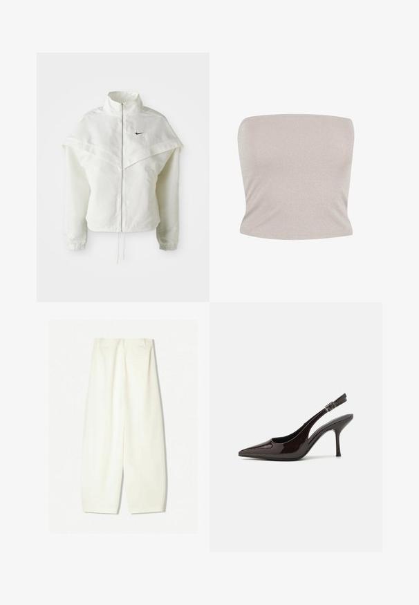 Biała, długozapinana kurtka na zamek z wysokim kołnierzem, z pelerynowym detalem na ramionach, elastycznymi mankietami i małym czarnym logo Nike na piersi.; Top bandeau w jasnobeżowym dzianinowym materiale z subtelnym połyskiem, charakteryzujący się dopasowanym krojem i gładką teksturą, z prostym dekoltem.; Szerokie spodnie w miękkim kremowym materiale, z gładką teksturą, przednimi kieszeniami oraz luźnym krojem z średnim stanem.; Sandały na obcasie typu slingback z błyszczącej ciemno-brązowej lakierowanej skóry, w szpic, z otwartymi bokami i regulowanym paskiem wokół kostki.
