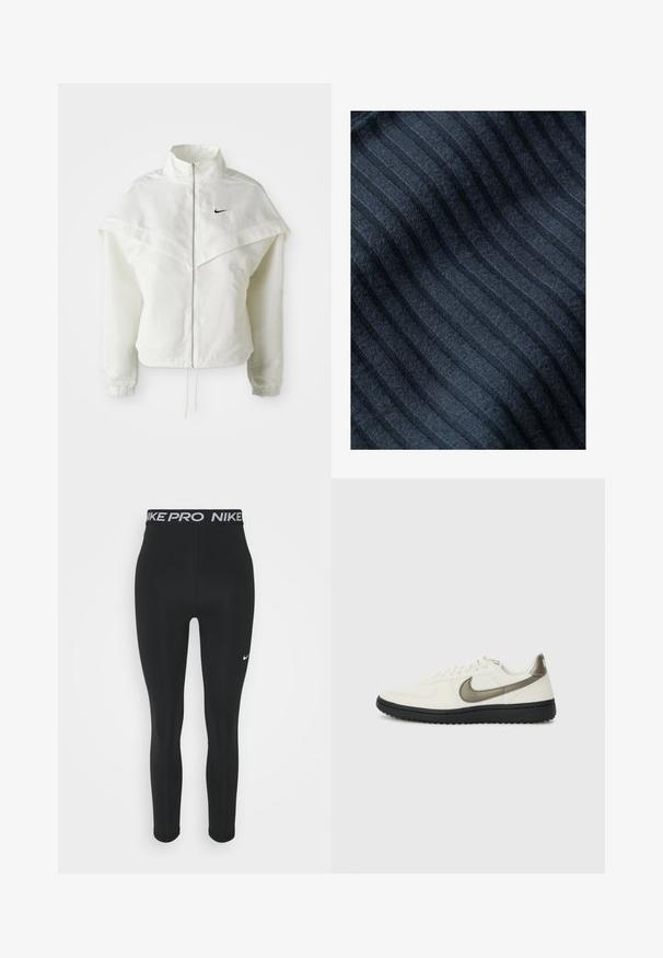 Bela jakna z dolgimi rokavi in zadrgo, visokim ovratnikom, plaščastim detajlom čez ramena, elastičnimi manšetami in majhnim črnim logotipom Nike na prsih.; Temno modra tkanina z navpičnim ribjim vzorcem, mehkega otipa in rahlo puhastim videzom. Črte so enakomerno razporejene in subtilne.; Nike Performance 7/8 - Pajkice - black/white; Nike Sportswear FIELD GENERAL - Športni copati - off-white/black