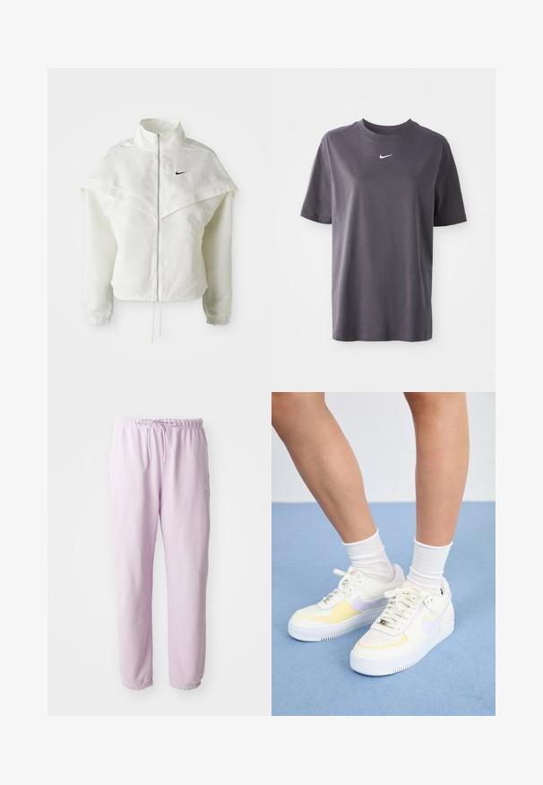 Balta garās piedurknes ar rāvējslēdzēju jaka ar augstu apkakli, apmetņa līdzīga detaļa uz pleciem, elastīgas aproces un mazs melns Nike logotips uz krūtīm.; Tumši pelēks īsām piedurknēm T-krekls, izgatavots no mīksta kokvilnas, ar mazu balto Nike svītru logotipu uz krūšu daļas un klasisku apaļu kakla izgriezumu.; Gaiši rozā sporta bikses ar elastīgu jostu, auklu un sašaurinātām kājām. Priekšpusē ir neliels balts logo. Gluda, maiga tekstūra.; Balti ādas sporta apavi ar dzelteniem un lavandas akcentiem, apaļa purngala forma, plakani šņores un teksturēta gumijas zole. Valkāti ar baltām zeķēm.