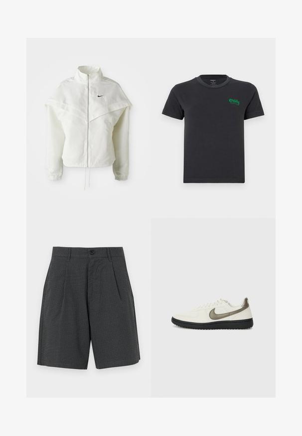 Fehér, hosszú ujjú, zipzáras dzseki magas gallérral, a vállakon lebegő, köpenyszerű résszel, rugalmas mandzsettákkal és kis fekete Nike logóval a mellkason.; Fekete pamut póló kerek nyakkivágással és rövid ujjakkal. Bal mellen zöld hímzett "Obey" logóval. Alap dizájn, nincs minta.; Sötétszürke rövidnadrág rácsos mintával, redőkkel, oldalsó zsebekkel és gombos záródással a deréknál. Simára szőtt anyagtextúra.; Nike Sportswear FIELD GENERAL - Sportcipő - off-white/black