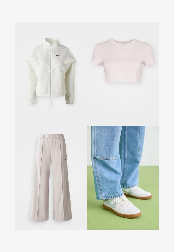 Bílá dlouhá zipová bunda s vysokým límcem, pláštěnkovým detailem přes ramena, elastickými manžetami a malým černým logem Nike na hrudi.; Zkrácený tričko v světle růžové barvě, vyrobené z jemné tkaniny. Má kulatý výstřih a krátké rukávy se malým bílým logem Nike na hrudi.; Světlé šedé široké kalhoty vyrobené z hladké látky. Mají elastický pas a černé logo Nike na levé straně.; Bílé tenisky s světle modrými akcenty, texturovaný síťový svršek a přírodní gumová podrážka, spárované s volnými světle modrými džíny.
